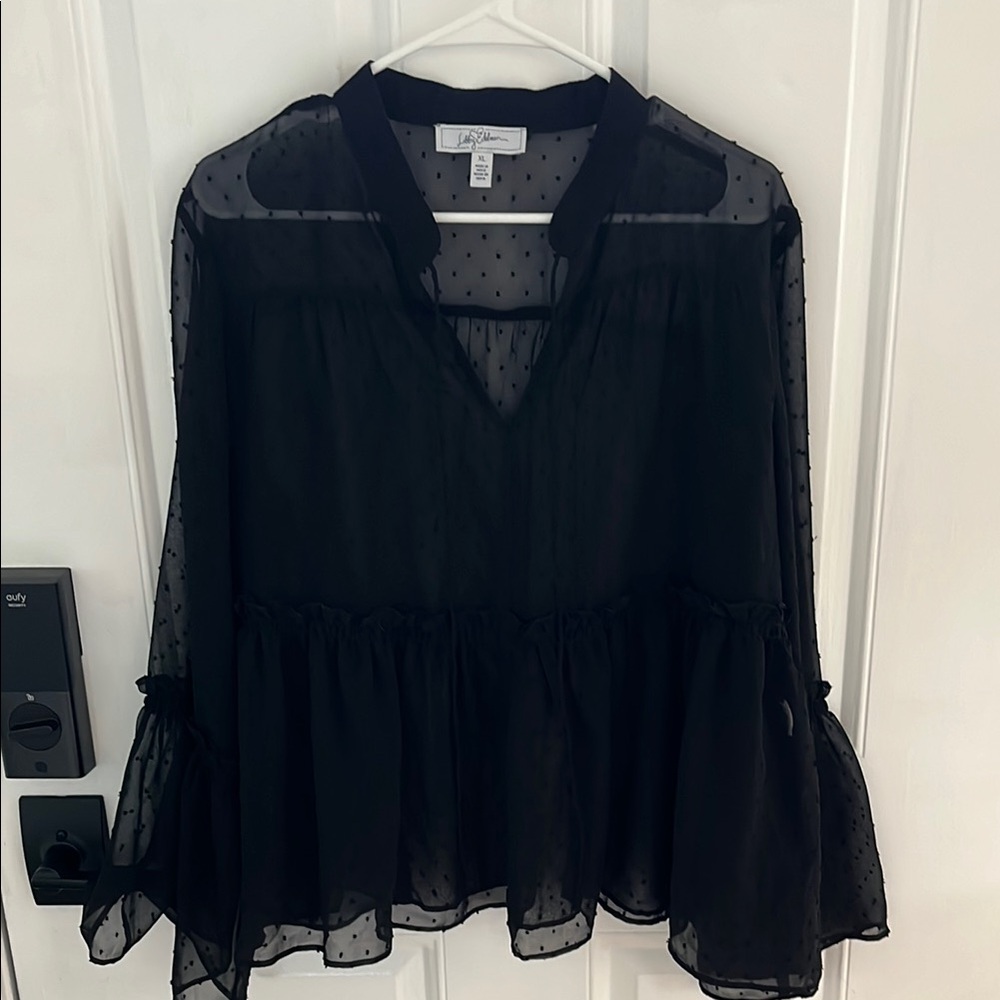 Libby Edelman Black Ruffled Bell Sleeve Blouse